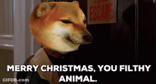 A Picture Of A Dog With The Words Merry Christmas You Filthy Animal On The Bottom GIF
