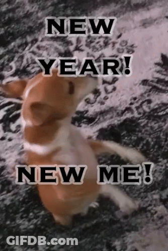 A Picture Of A Dog With The Words " New Year New Me " On It GIF