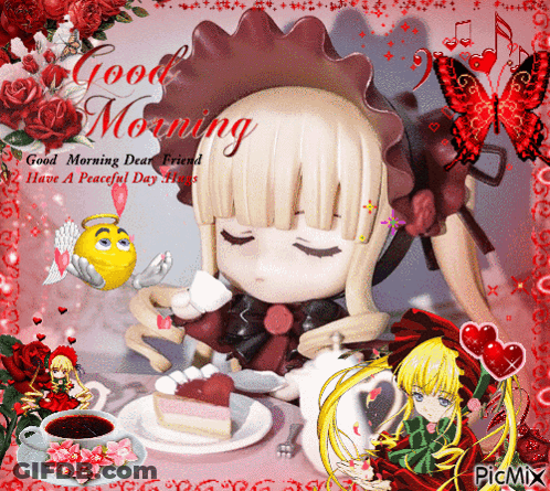 Doll Sitting At Table With Coffee And Cake GIF