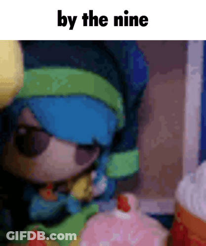 A Picture Of A Doll With The Words By The Nine Written On It GIF