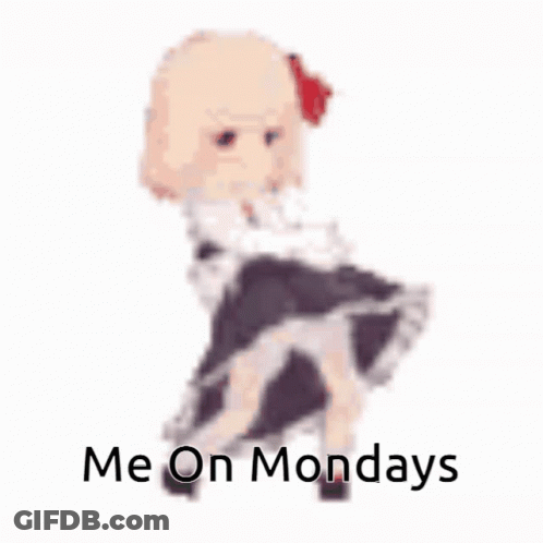 A Picture Of A Doll With The Words Me On Mondays Written On It GIF