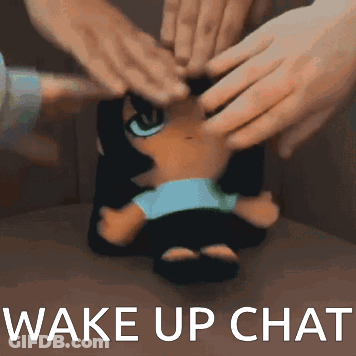 A Picture Of A Doll With The Words Wake Up Chat On It GIF
