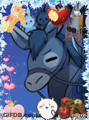 A Picture Of A Donkey Surrounded By Apples And Hearts With A Picmix Sticker GIF