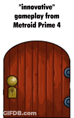 A Picture Of A Door With The Words " Innovative Gameplay From Metroid Prime 4 " Above It GIF
