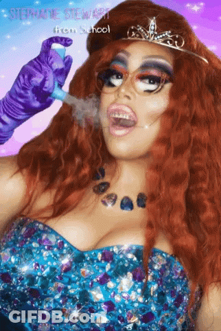 A Picture Of A Drag Queen With Stephanie Stewart From School Written On The Bottom GIF