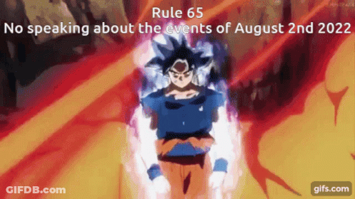 A Picture Of A Dragon Ball Z Character With The Words Rule 65 No Speaking About The Events Of August 2Nd 2020 At The Bot GIF