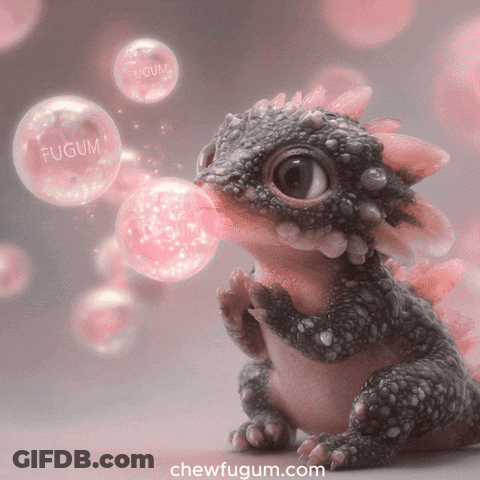 A Picture Of A Dragon Blowing Bubbles With Fugum Written On Them GIF