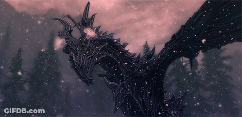 A Picture Of A Dragon In The Snow With A Watermark That Says ' Skyrim ' On It GIF