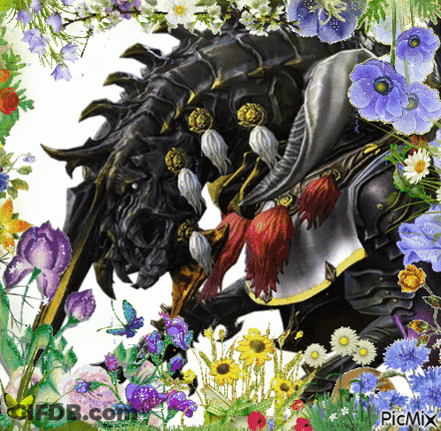 A Picture Of A Dragon Surrounded By Flowers And Butterflies With The Words Picmix At The Bottom GIF