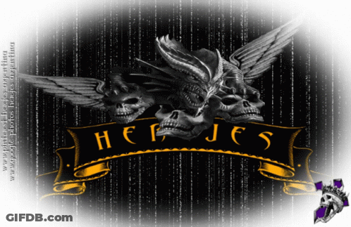 A Picture Of A Dragon With Skulls And The Word Hejes On A Banner GIF