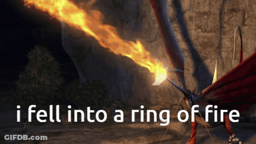 A Picture Of A Dragon With The Words " I Fell Into A Ring Of Fire " Above It GIF