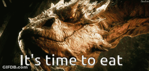 A Picture Of A Dragon With The Words It 'S Time To Eat GIF