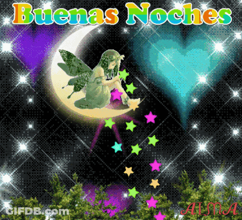 A Picture Of A Fairy Sitting On A Crescent Moon With The Words Buenas Noches GIF
