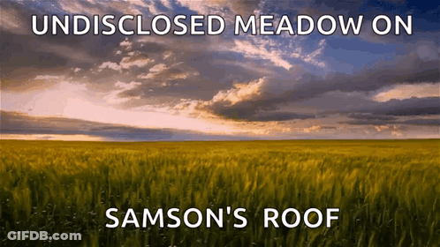 A Picture Of A Field With The Words Samson 'S Roof On It GIF