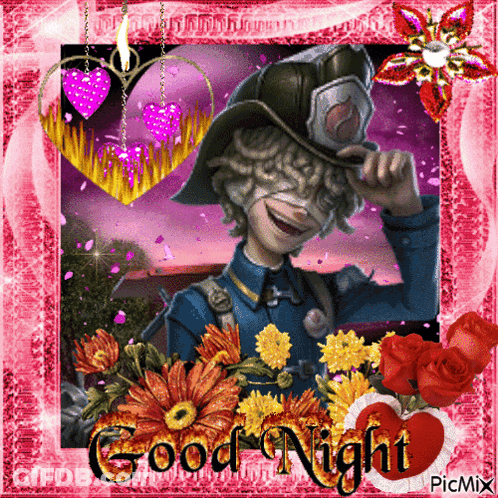 A Picture Of A Fireman With Flowers And The Words Good Night GIF