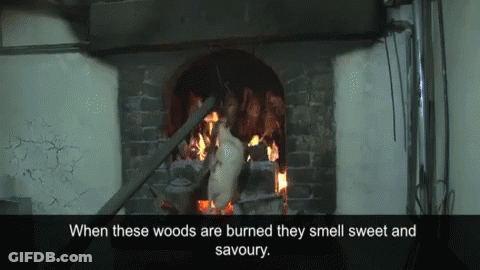 A Picture Of A Fireplace With The Words " When These Woods Are Burned They Smell Sweet And Savoury " GIF