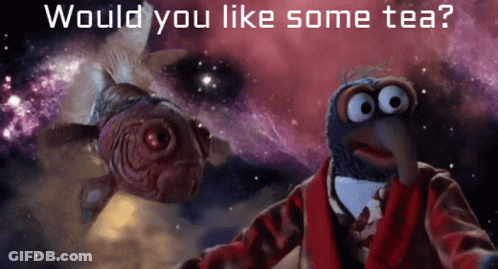 A Picture Of A Fish And A Bird With The Words Would You Like Some Tea Below Them GIF