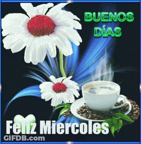 A Picture Of A Flower And A Cup Of Coffee Says Buenos Dias GIF