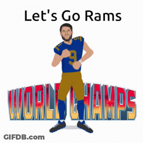A Picture Of A Football Player With The Words Let 'S Go Rams World Champs Behind Him GIF