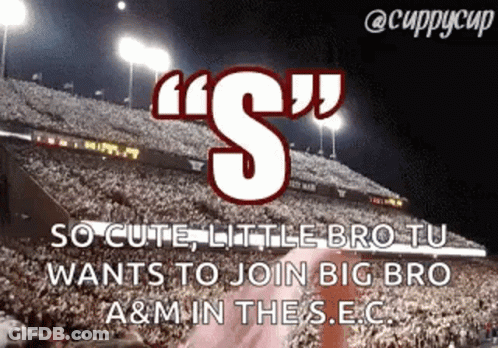 A Picture Of A Football Stadium With The Caption " So Cute Little Bro Tu Wants To Join Big Bro A & M In The Sec " GIF