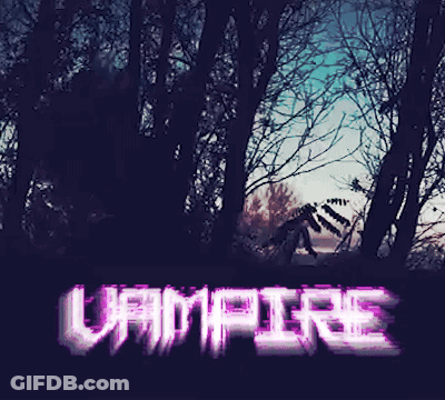 A Picture Of A Forest With The Word Vampire Written In Purple GIF
