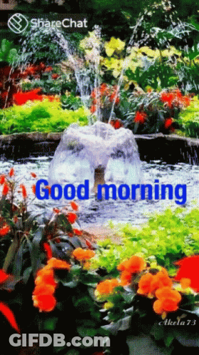 A Picture Of A Fountain In A Garden With The Words Good Morning GIF