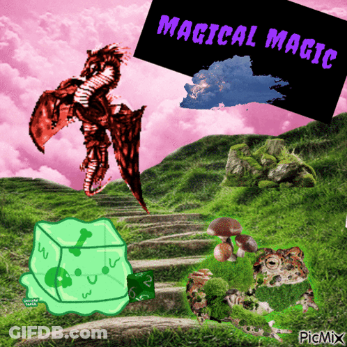 A Picture Of A Frog A Dragon And A Cube With The Words Magical Magic On Top GIF