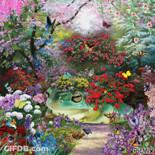 A Picture Of A Frog Surrounded By Flowers And Butterflies With The Words Picmix On The Bottom GIF