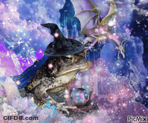 A Picture Of A Frog Wearing A Witch Hat And Holding A Crystal Ball With A Dragon In The Background GIF