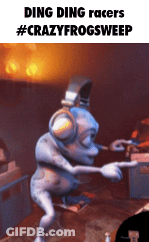 A Picture Of A Frog Wearing Headphones With The Words Ding Ding Racers #Crazyfrogsweep GIF