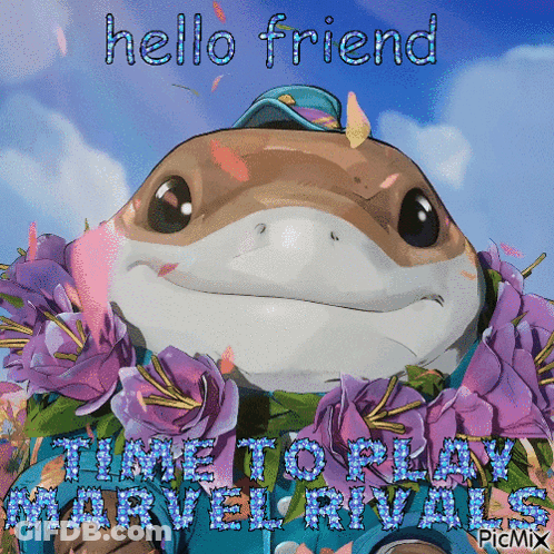 A Picture Of A Frog With Flowers Around His Neck And The Words Hello Friend Time To Play Marvel Rivals GIF