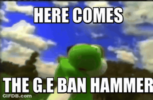 A Picture Of A Frog With The Words Here Comes The G.e Ban Hammer Below It GIF