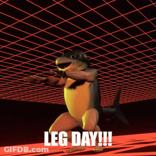A Picture Of A Frog With The Words Leg Day !!! Below It GIF