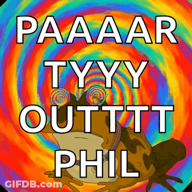 A Picture Of A Frog With The Words Paaaaar Tyyy Outfit Phil GIF