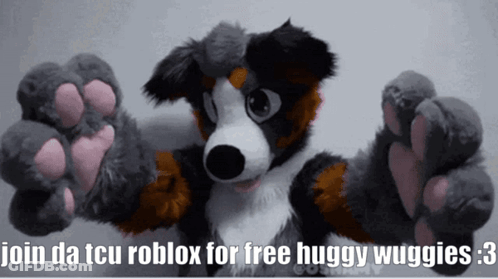 A Picture Of A Furry Dog With The Words Join Da Tcu Roblox For Free Huggy Wuggies 3 GIF