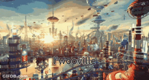 A Picture Of A Futuristic City With The Words L' Wooville Above It GIF