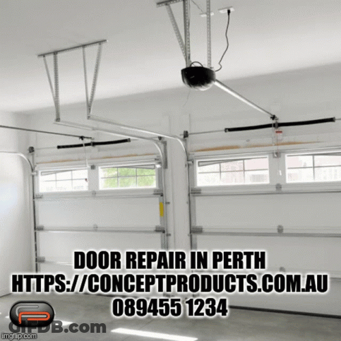 A Picture Of A Garage Door That Says " Door Repair In Perth Https://conceptproducts.com.au 0894551234 " GIF