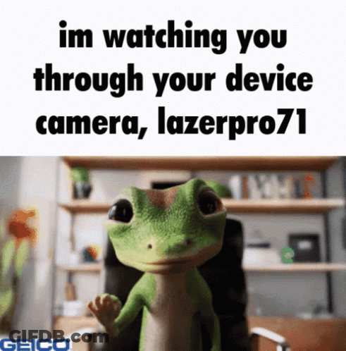 A Picture Of A Gecko That Says " Im Watching You Through Your Device Camera " GIF