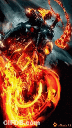 A Picture Of A Ghost Rider Riding A Motorcycle With Flames Coming Out Of His Head GIF