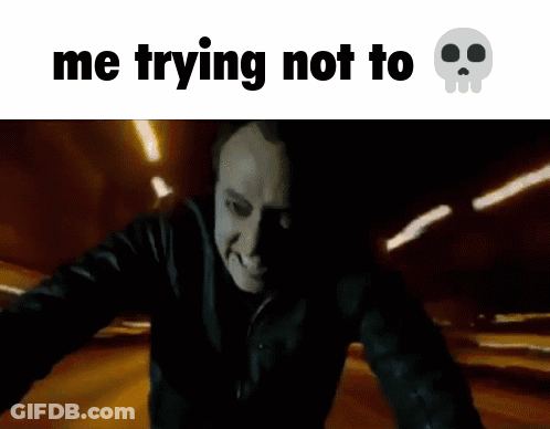 A Picture Of A Ghost Rider With The Words " Me Trying Not To " Below Him GIF