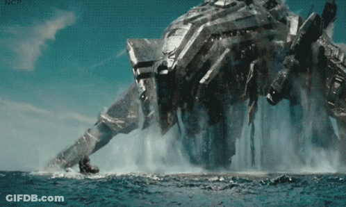 A Picture Of A Giant Robot In The Ocean With The Letters Ncp On The Bottom Right GIF