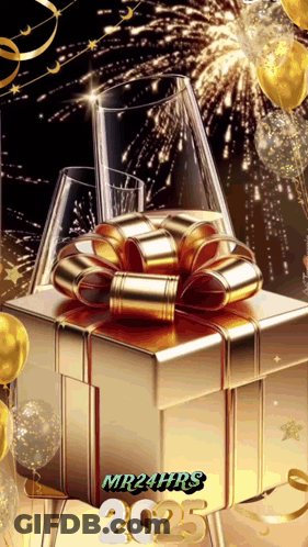 A Picture Of A Gift Box With A Gold Bow And The Year 2025 GIF