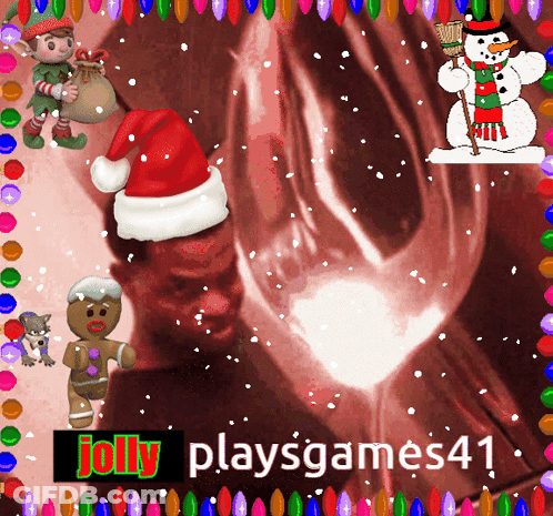 A Picture Of A Gingerbread Man And A Snowman With The Words Jolly Playsgames41 On The Bottom GIF
