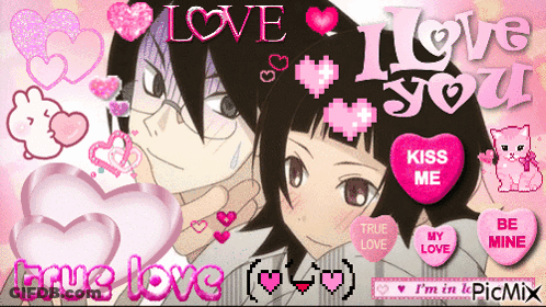 A Picture Of A Girl And A Boy With Hearts And The Words Love And True Love GIF