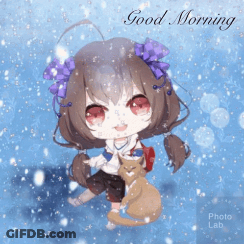A Picture Of A Girl And A Cat With The Words Good Morning GIF