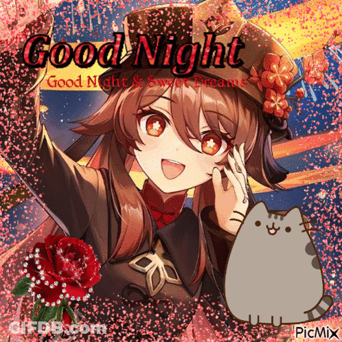 A Picture Of A Girl And A Cat With The Words Good Night And Sweet Dreams GIF
