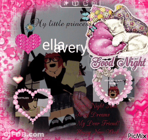 A Picture Of A Girl And A Cat With The Words " My Little Princess " And " Good Night " GIF