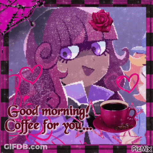 A Picture Of A Girl And A Cup Of Coffee With The Words Good Morning Coffee For You GIF