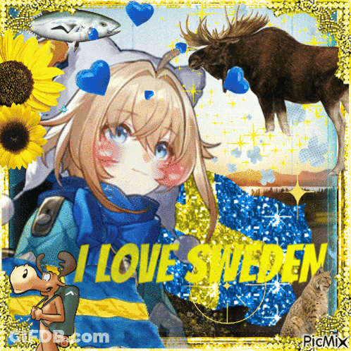 A Picture Of A Girl And A Moose With The Words " I Love Sweden " GIF