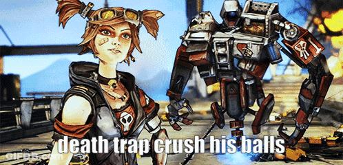 A Picture Of A Girl And A Robot With The Words Death Trap Crush His Balls GIF